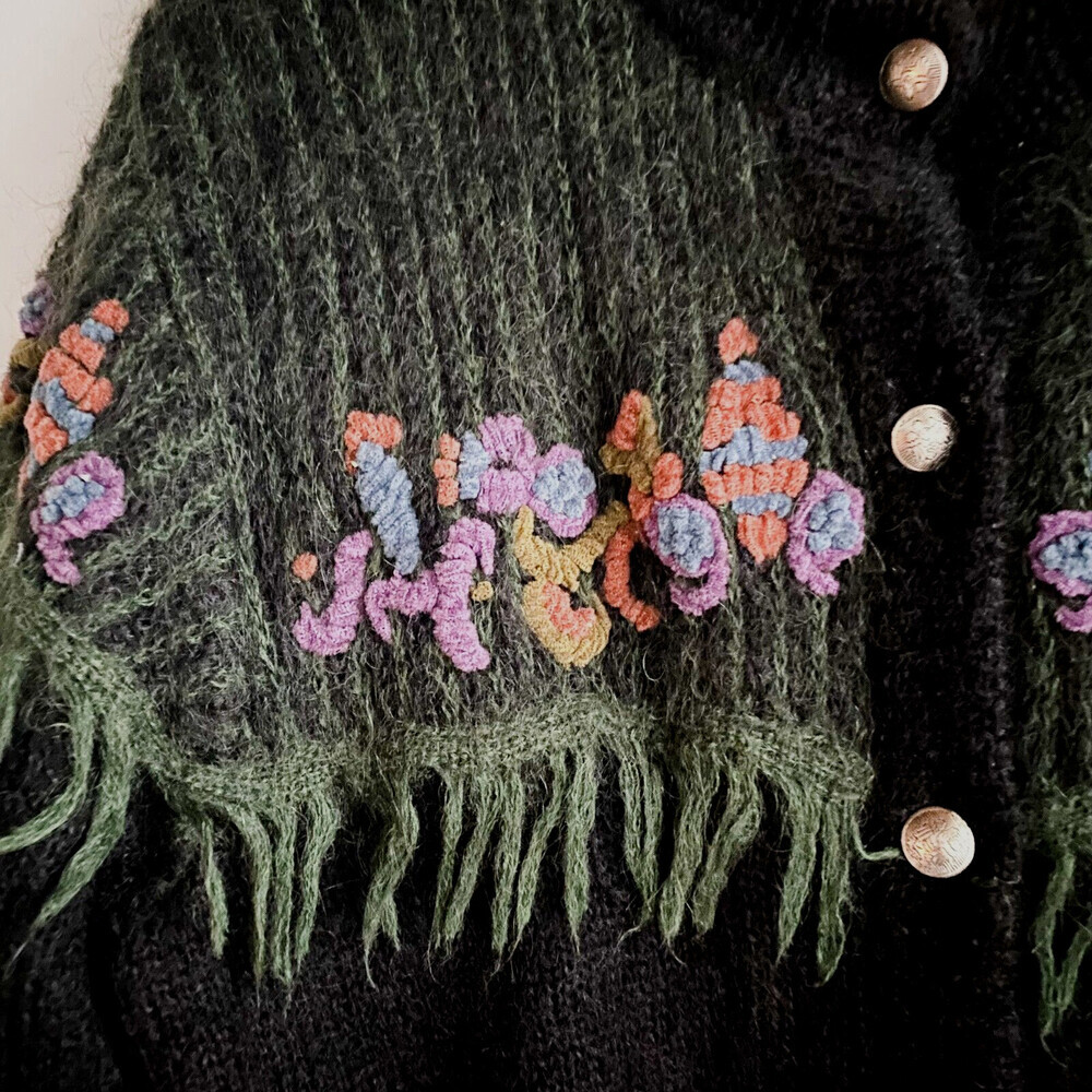 Vintage Baroni Tricot Black Mohair Floral Embroidery Cardigan Sweater L - Picture 2 of 5